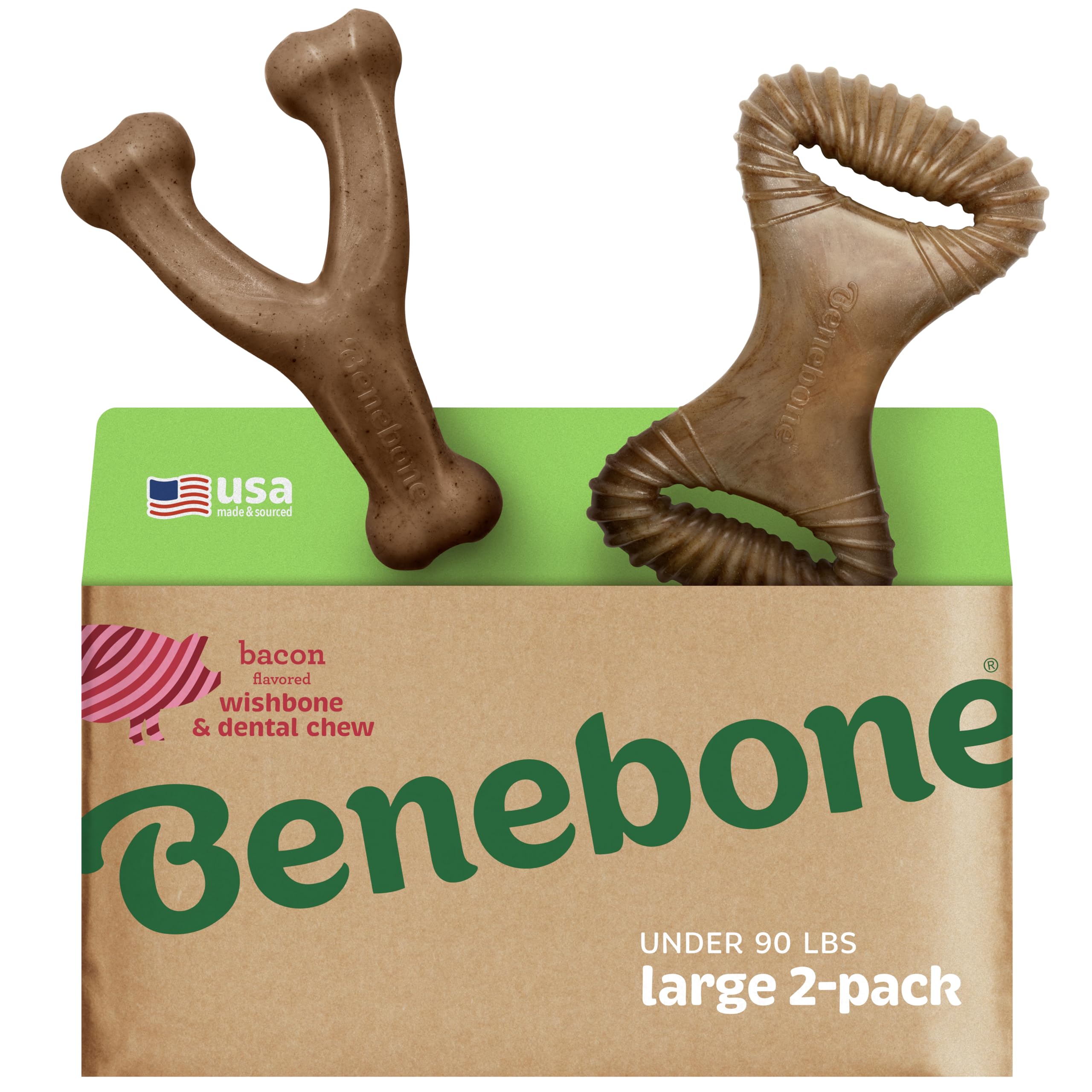 Benebone 2-Pack Wishbone/Dental Durable Dog Chew Toys, Real Bacon, Large