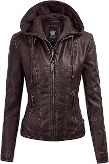 Lock and Love Women's Faux Leather Moto Biker Jacket Coat with Removable or Non-Removable Hood