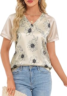 Funlingo Womens Silk Satin Tops Summer Color Block Short Sleeve Blouses V Neck Graphic T Shirts Trendy Vacations Outfits 2026