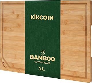 Kikcoin 17”×11” Bamboo Cutting Boards for kitchen, Reversible, XL, Natural | Extra Large Wooden Chopping Boards with Deep Juice Groove, Knife-Friendly Surface, Perfect for Charcuterie Serving,Food Grade
