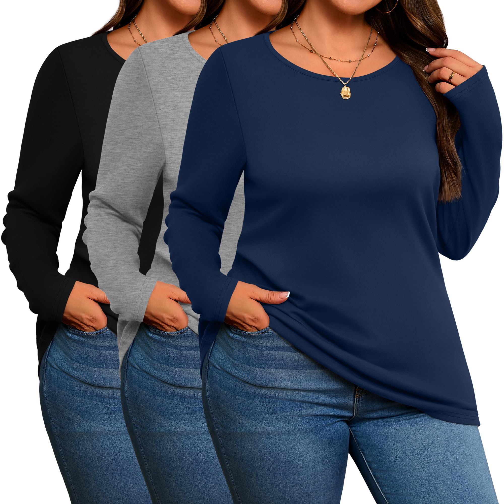 Evervibe 3 Pack Women's Plus Size Cotton Shirts Long Sleeve Tops