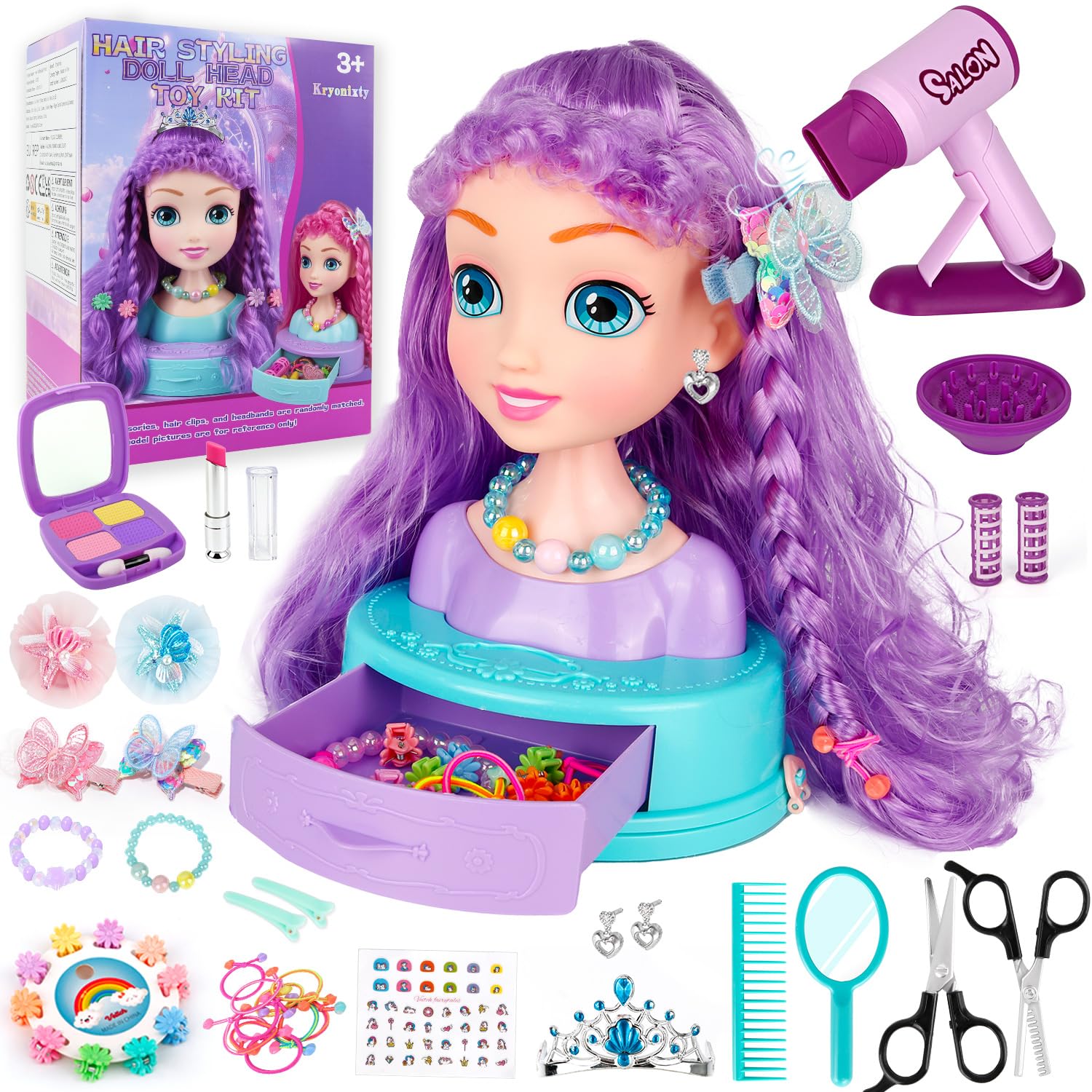 Kryonixty 4-in-1 Doll Head for Hair Styling Kids-9Inch,Hair Salon Toys Makeup Ki