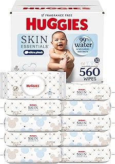 Huggies Skin Essentials Baby Wipes, 99% Water, 10 Packs, 560 Wipes | Fragrance Free, 99% Water, Ultra Plush, No Harsh Irritants, Hypoallergenic, Dermatologist Tested, 1-Handed Dispensing