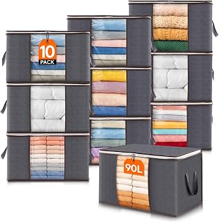 Lifewit 90L Large Capacity Clothes Storage Bag Organizer with Reinforced Handle Thick Fabric for Comforters, Blankets, Bedding, Foldable with Sturdy Zipper, Clear Window, 10 Pack,Grey
