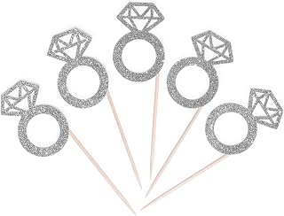 CloverCrafts 12 x Glitter Engagement Ring Cupcake Toppers – Engagement & Bachelorette Party Decor (Silver)