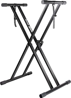 RockJam RJXX363 Adjustable Keyboard Stand with Locking Straps | Double X Keyboard Stand with Safety Lock and Straps, Up to 20 kg for Digital Piano, Classroom and Stage