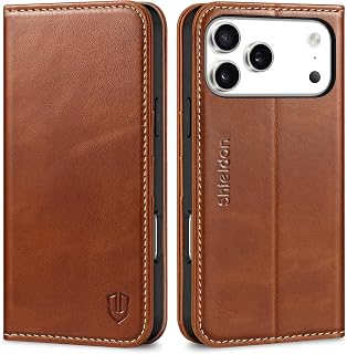 SHIELDON Leather Case Wallet for iPhone 18 Pro Max/17 Pro Max, Retro Brown | Genuine Leather, Flip Magnetic Cover, RFID Blocking, Credit Card Holder, Kickstand, Book Design, Shock-Absorbent Phone Cover