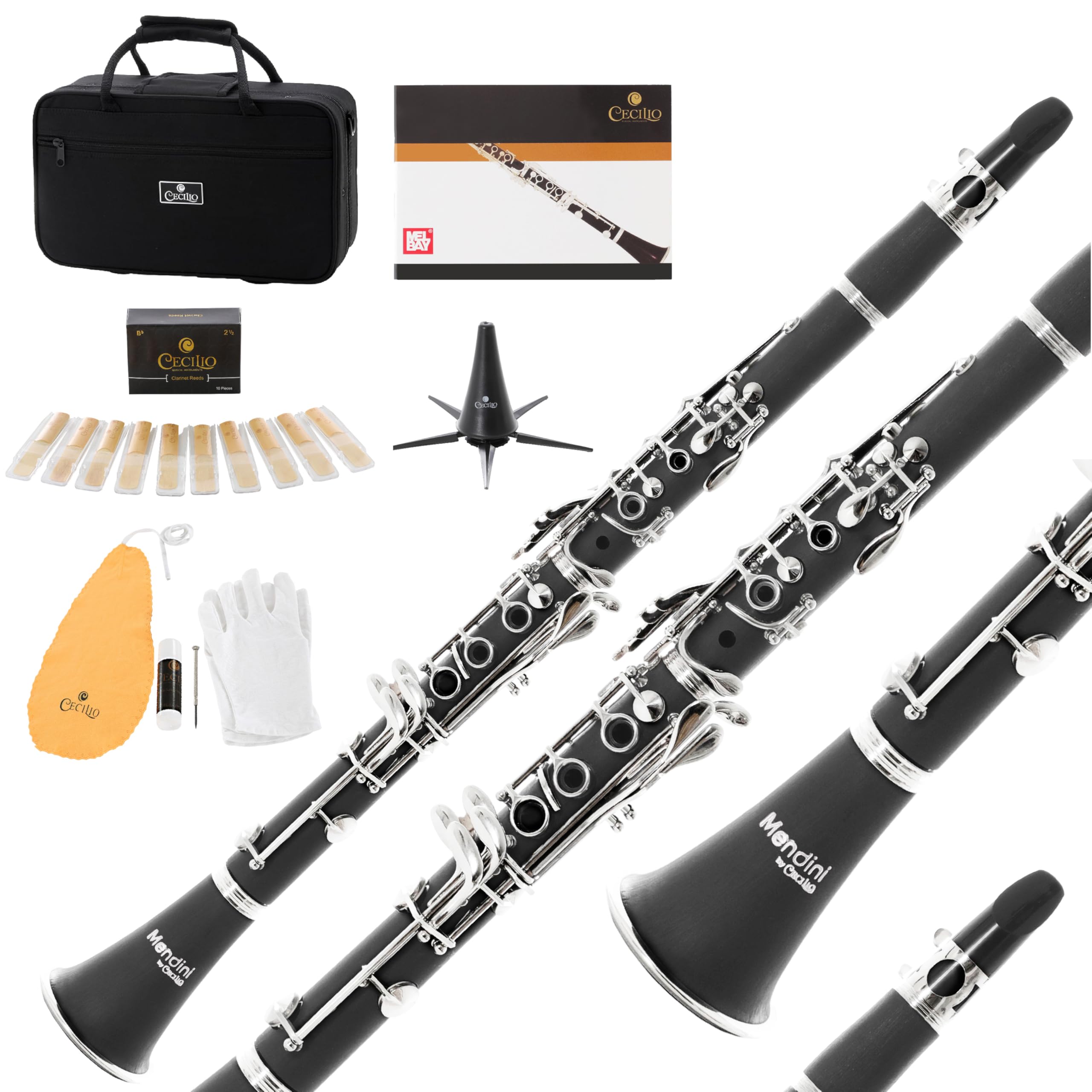 Mendini by Cecilio Ebonite Bb Clarinet Kit for Beginner - Black | B Flat Clarine