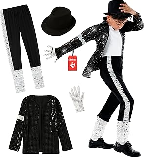 Morph, Popstar Costume Kids, Halloween Costumes for Kids | Black Sequin Jacket, Fedora Hat, Black Pants, Silver Socks & Gloves Included, Halloween Costumes for Boys