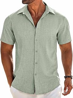 COOFANDY Men's Short Sleeve Button Down Shirt Casual Linen Shirt Beach Summer Holiday