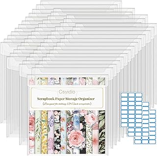Csyidio 10 PCS 12 x 12 Inch Scrapbook Paper Storage Organizer | Paper Organizer with Label Stickers, Clear Paper Storage Bag for Holding Scrapbooking, Vinyl, Photos