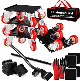 Qenovo 1,500 lb Capacity Furniture Dolly Set, 5.3-Inch Platforms, Red | Carbon Steel Dollies Feature Five Quiet Wheels, Including Locking Casters, Plus a Pry Bar for Washers, Sofas and Cabinets.