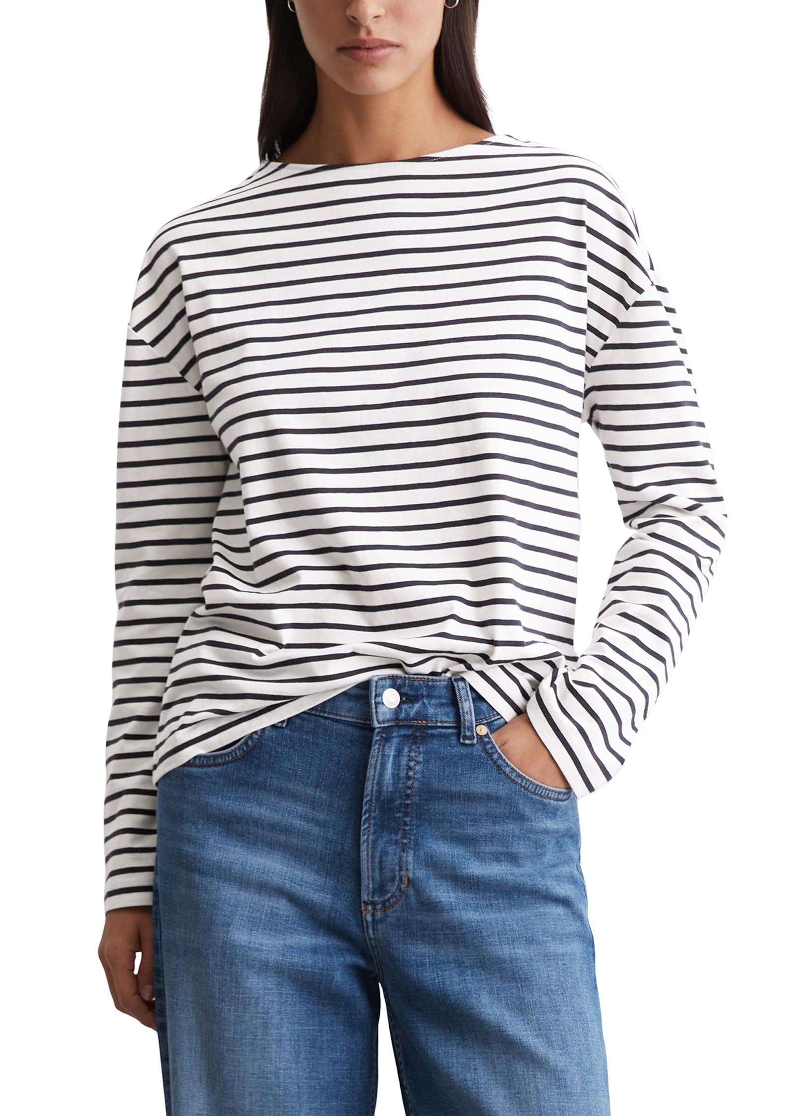 Marc OPolo Women's Long-Sleeved T-Shirt with Striped Boat Neck