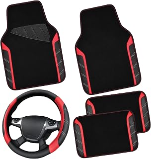 CAR PASS Leather Steering Wheel Cover and Waterproof Car Floor Mats,Microfiber Universal Car Combo Fit for 95% Sedan,SUV,Cars,14.5-15inch Sporty Anti-Slip Safety Comfortable Design(Black＆Red)