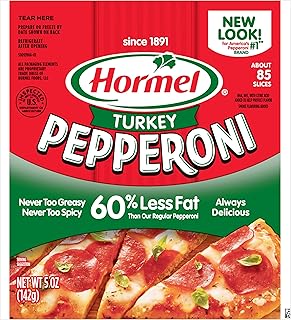 HORMEL Turkey Pepperoni Slices, Pizza Toppings, 5 Oz (1 Ct) | 60% Less Fat than HORMEL Original Pepperoni, Made from premium turkey, Gluten-free, Ready To Eat. Lean Protein Snacks
