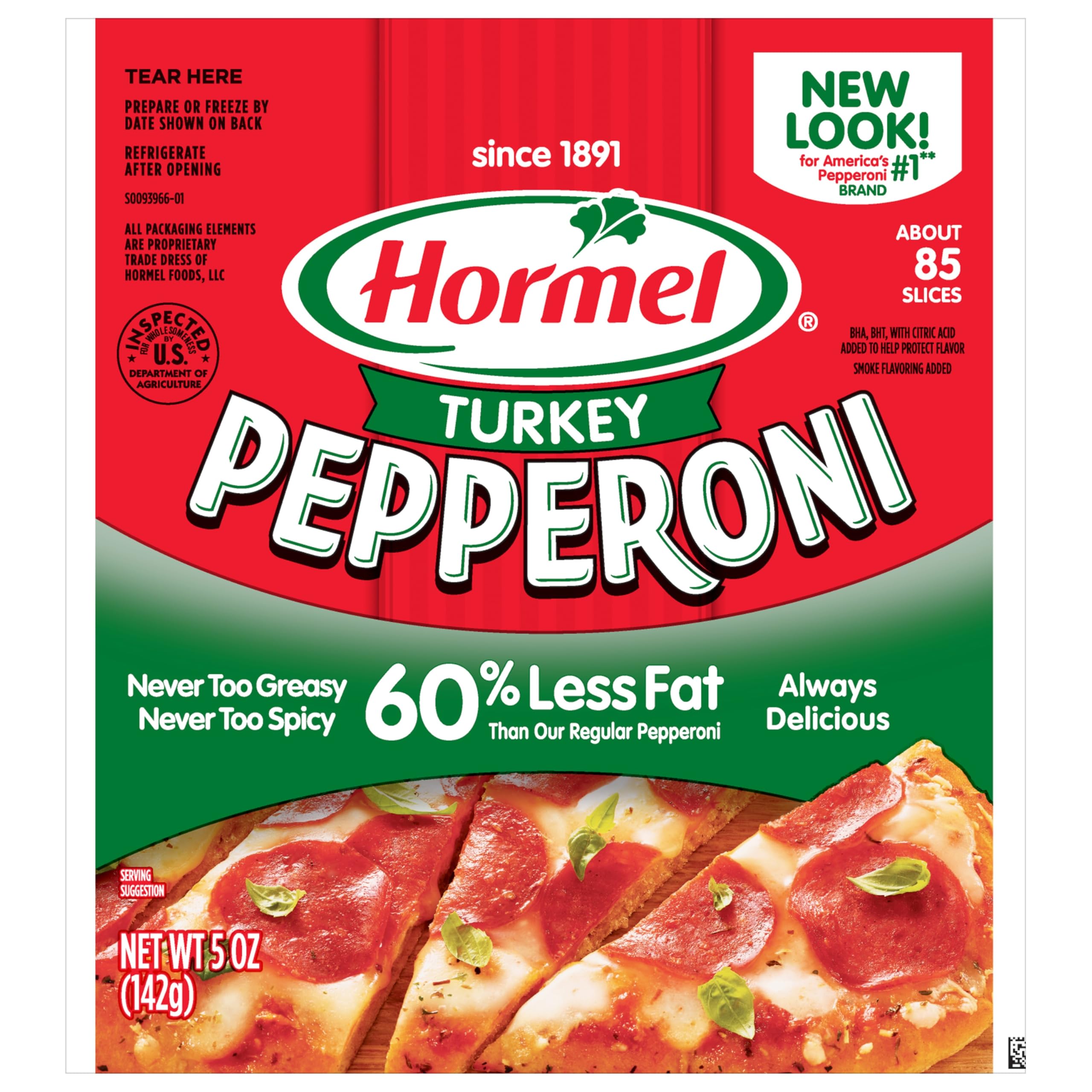 HORMEL Turkey Pepperoni Slices, Pizza Toppings, 5 Oz (1 Ct) | 60% Less Fat than 