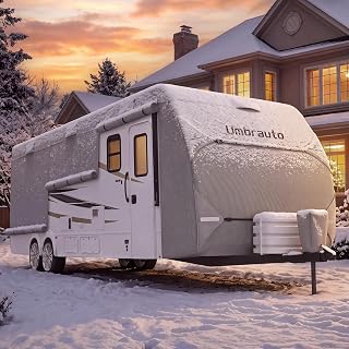 Umbrauto RV Cover 27-30ft: Lightweight Travel Trailer Cover, Waterproof Camper Cover for Toy Hauler, Winter Campsite, with Tongue Jack Cover, Extra Windproof Ropes, Gutter Covers