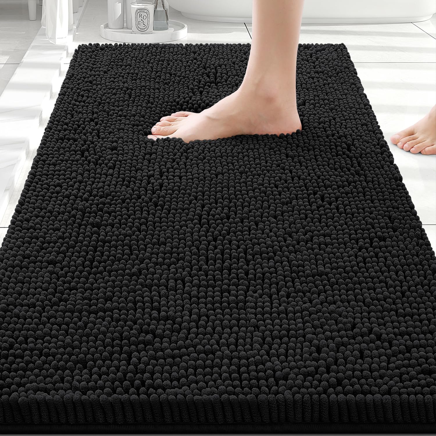 Smiry Bathroom Rugs 30X20, Luxury Chenille Extra Soft Absorbent Bath Mat | Black