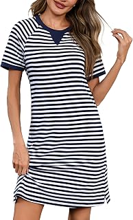 Bresdk Women's Cotton Nightgown Striped Nightwear Lace Neck Pretty Summer Round Neck Dress
