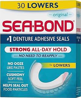 SEA-BOND Denture Adhesive Seals, Original, Lowers, 30 Count (1 Pack) | Zinc-free denture adhesive seals for all-day hold. Soft cushiony seal without mess or ooze. Provides comfort and confidence.