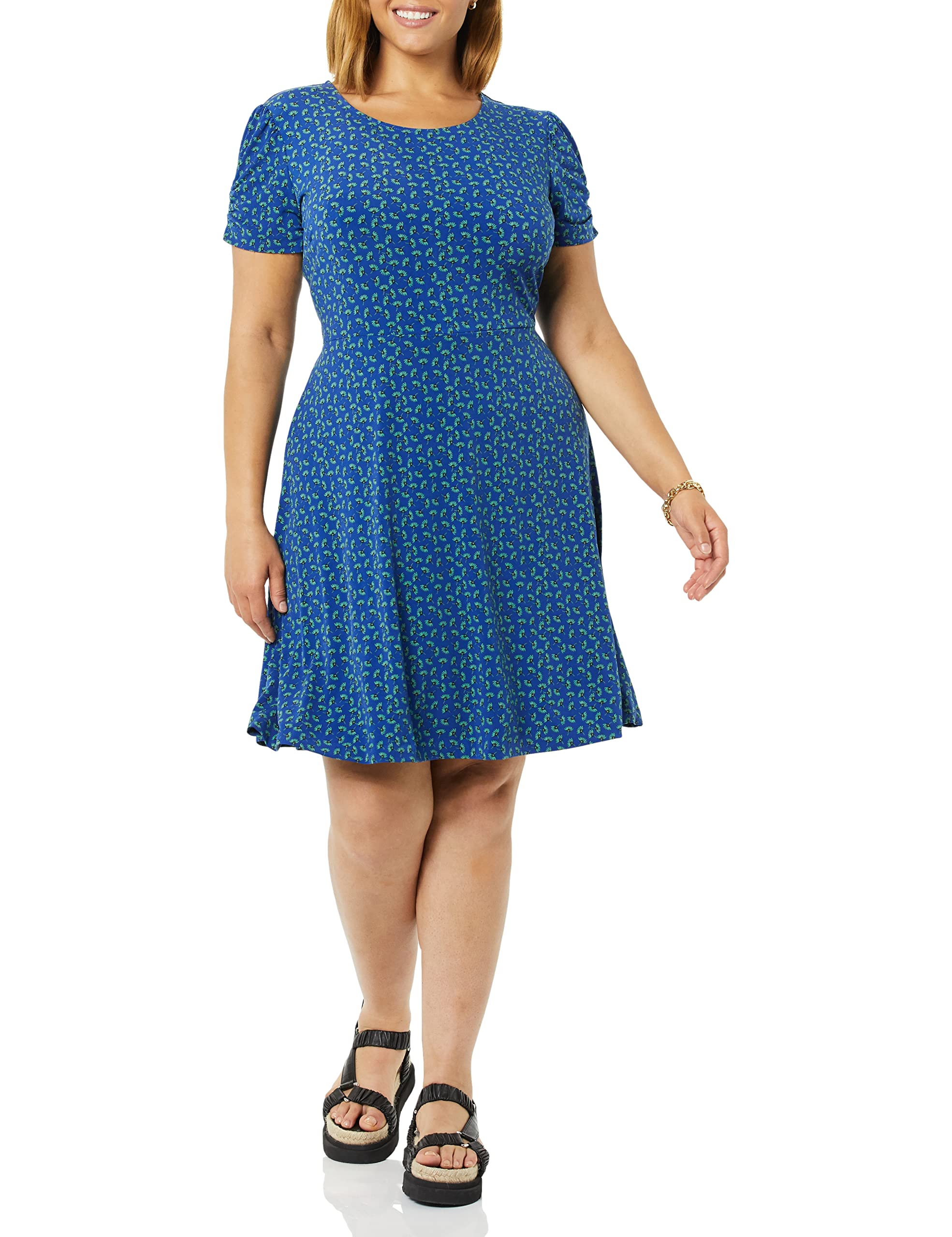 Amazon Essentials Women's Short Sleeve Round Neck Ruched A-Line Dress (Available