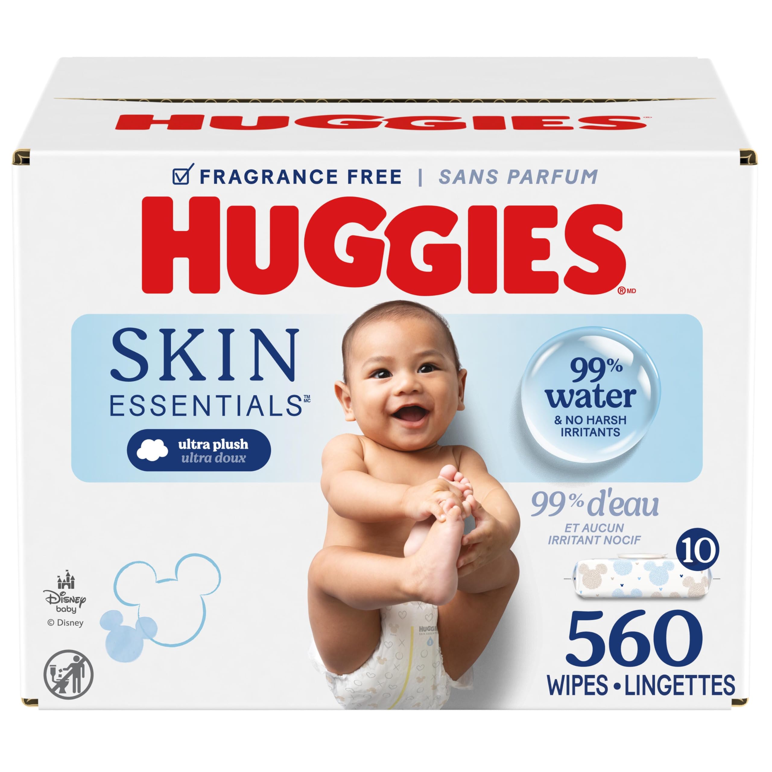 Huggies Skin Essentials Baby Wipes, Hypoallergenic, 99% Water, 10 Flip Top Packs