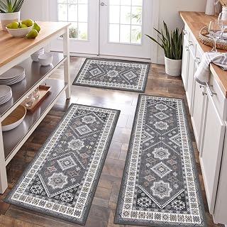 HEBE Boho Kitchen Rugs Set of 3, Non Slip Washable Kitchen Mats for Floor | Farmhouse Kitchen Runner Rug Set, Soft Vintage Stain Resistant Kitchen Floor Carpet Runners for Hallway, Entryway, Laundry