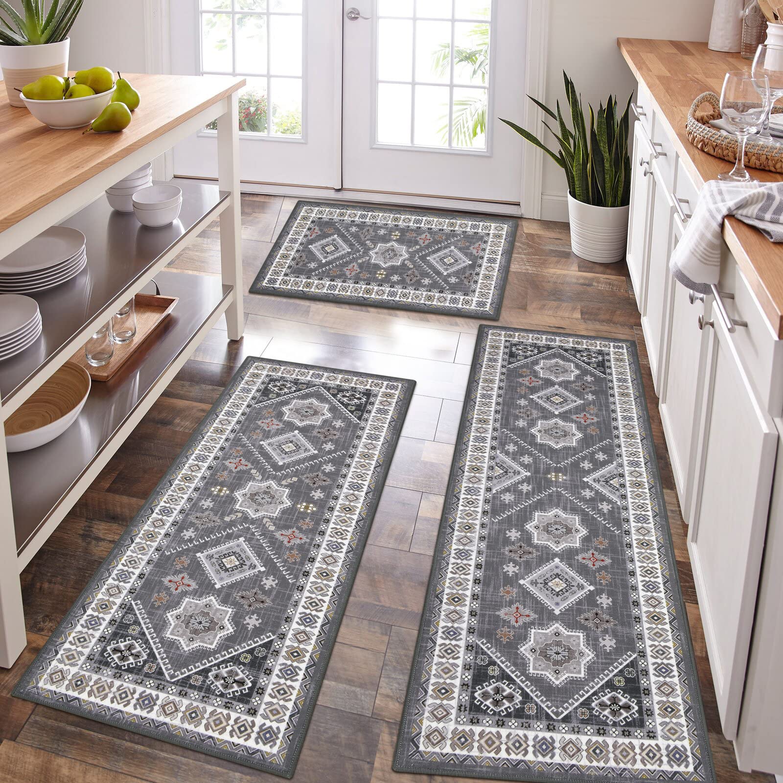 HEBE Boho Kitchen Rugs Set of 3, Non Slip Washable Kitchen Mats for Floor | Farm
