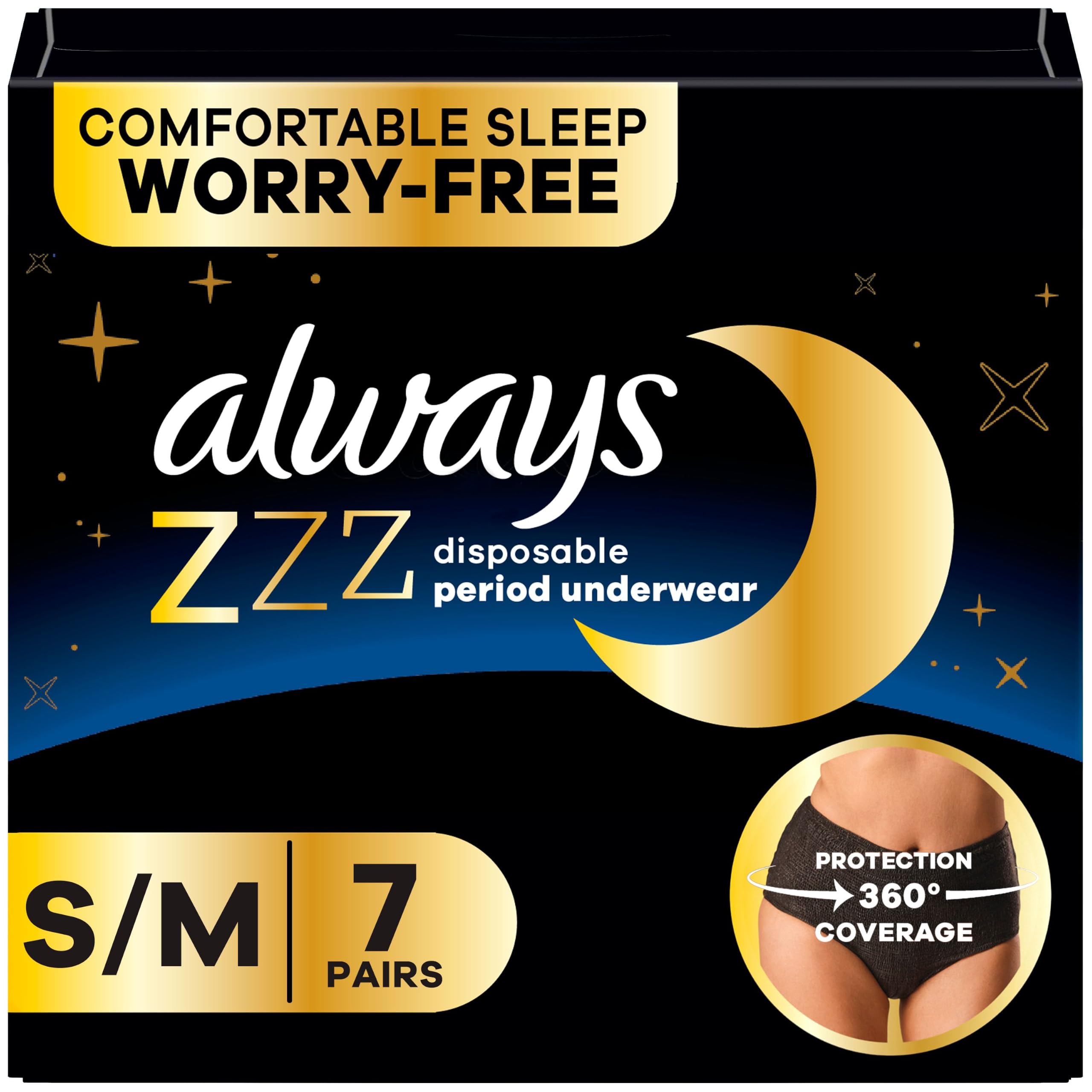 Always ZZZs Disposable Period Underwear, Size S/M, Absorbs 5X More Than an Ultra