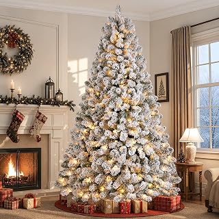 SHareconn 7ft Snow Flocked Spruce Pre-lit Artificial Christmas Tree, White | 300 Warm White Incandescent Lights, 932 Branch Tips, Foldable Metal Stand, Full Snow Flocked Xmas Tree for Holiday Decor