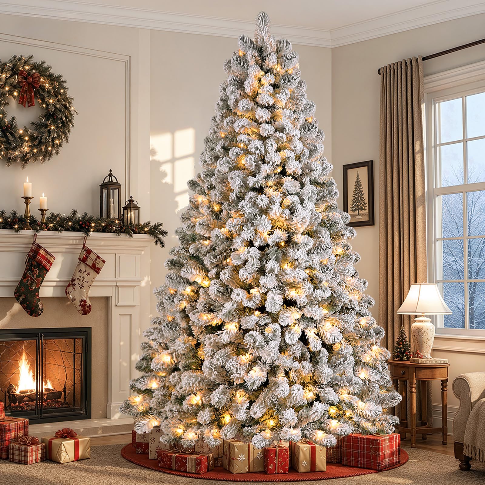 SHareconn 7ft Snow Flocked Spruce Pre-lit Artificial Christmas Tree, White | 300