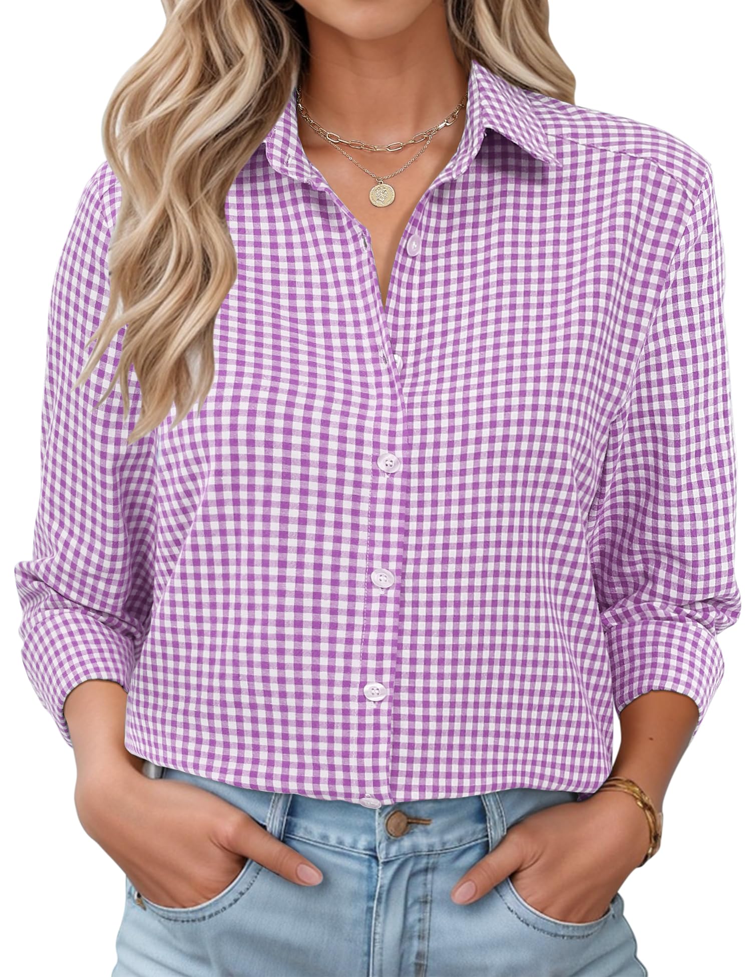 LOMON Womens Long Sleeve Button Down Shirts Casual Loose Fit Cotton Collared Blo