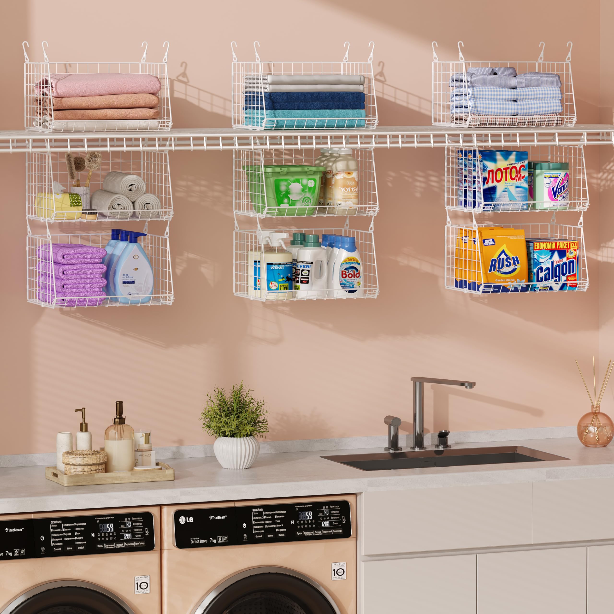 3-Tier Hanging Laundry Basket Organizer：Foldable Wire Shelf Laundry Room Organiz
