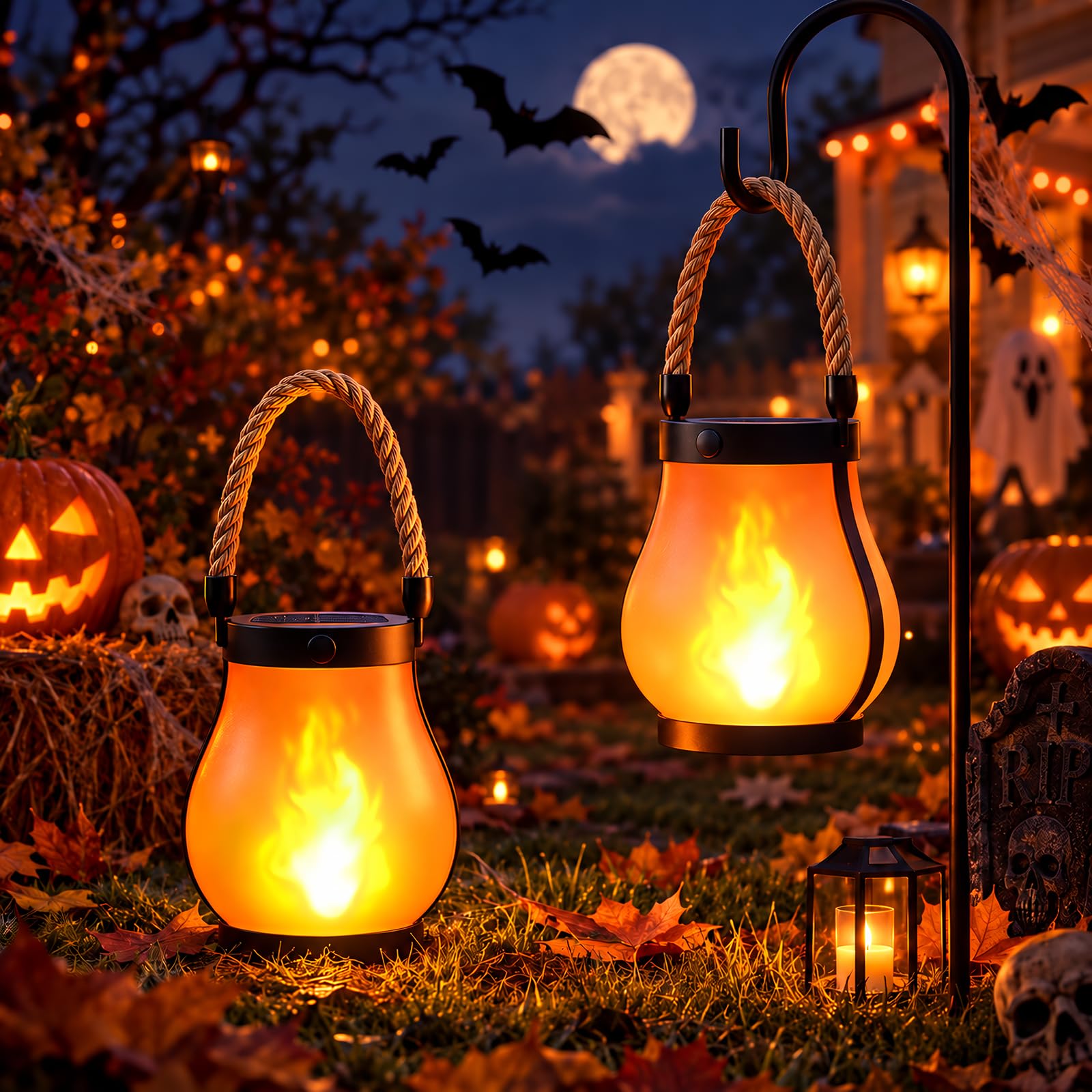 Solar Lanterns Outdoor Waterproof, 2 Pack Flickering Flame Hanging Lanterns with