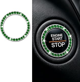 Wikyeny 1 PC Bling Push to Start Button Ring, Sparkling Crystal Rhinestone Ignition Cover with Strong Adhesive, for Car Interior Decoration, Universal for Most Cars, Trucks, SUVs (Green)
