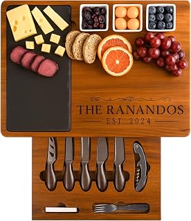 Personalized Acacia Wood Charcuterie Board Set with Stainless Steel Knives – Custom Cheese Board for Wedding, Anniversary, New Mom, Engagement, Housewarming, Bridal Shower, Women, Mother’s Day Gifts