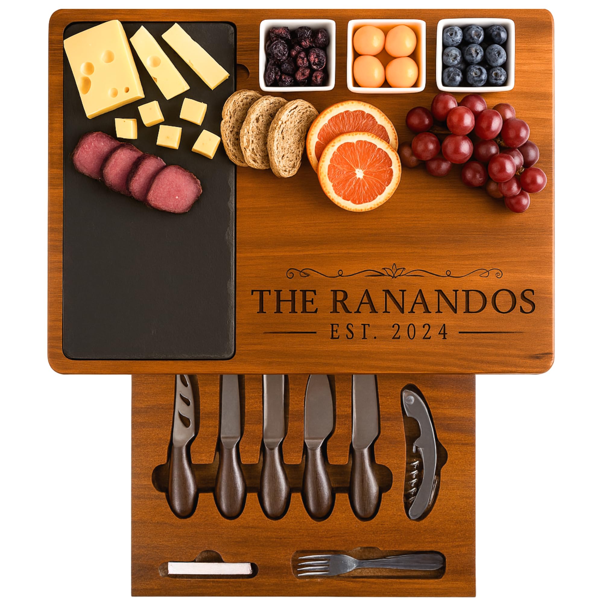 Personalized Acacia Wood Charcuterie Board Set with Stainless Steel Knives – Cus