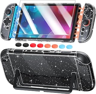 FYOUNG Switch 2 Cover Case, Crystal Hard Protective Shell for Nintendo 2 | Improved Easy Dockable Version, Switch 2 Accessories, Slim Shockproof Cute Case with Glass Screen Protector, 8 Thump Grip
