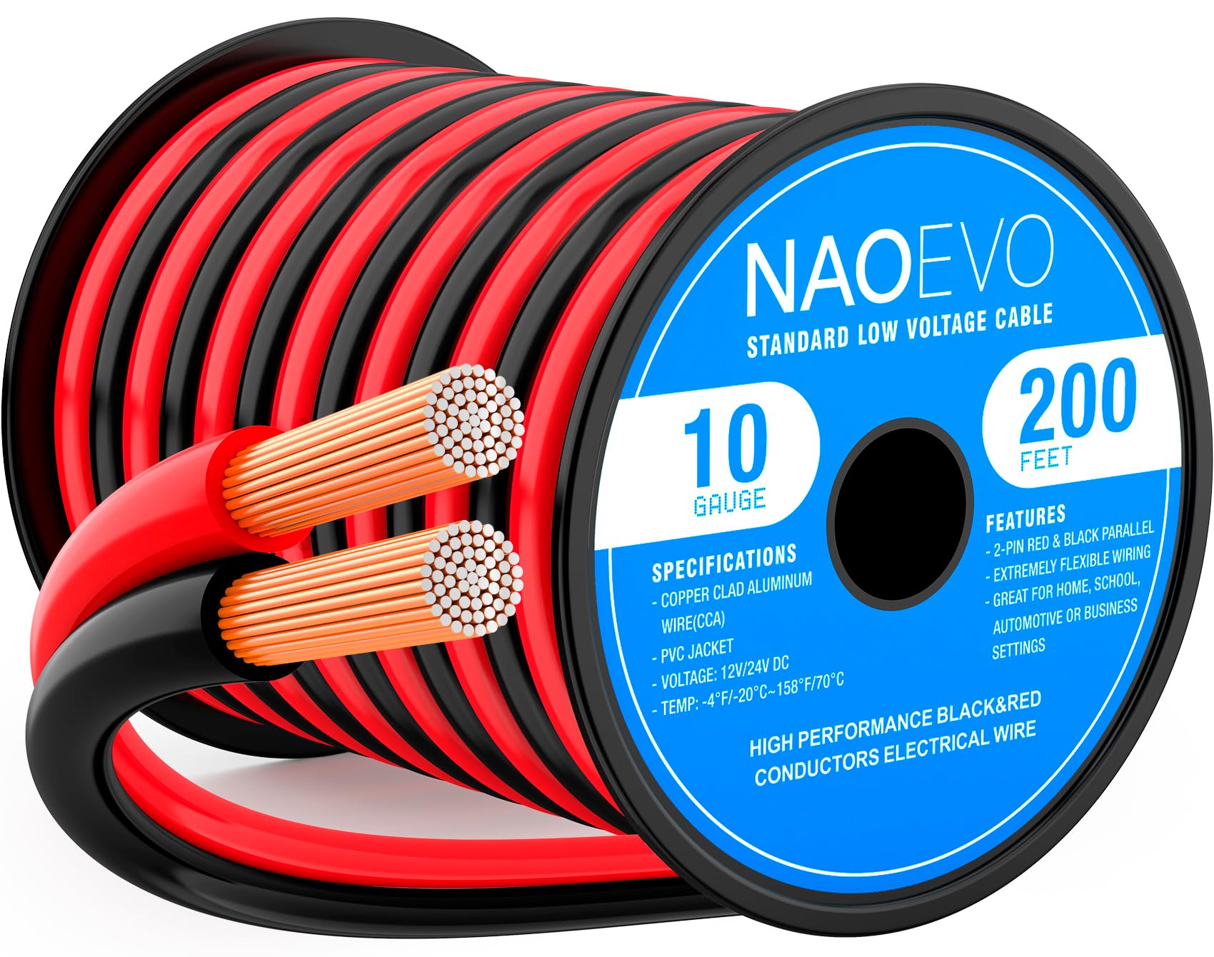NAOEVO 10 Gauge Wire 2 Conductors, CCA Red Black Electrical Wire, 200FT