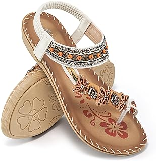 Ablanczoom Flat Sandals for Women Summer: Casual Boho Beaded Toe Ring Dress Shoes - Comfortable Vacation Daily Walking Shoes
