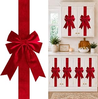 Velvet Cabinet Bows for Kitchen, Christmas Cabinet Decor, Red, 8-Pack | No Ironing Required, Easy Setup with Adjustable Buckle, Thick Plush Velvet, 86.6" Ribbon Bows Fit Small & Large Cabinet Doors