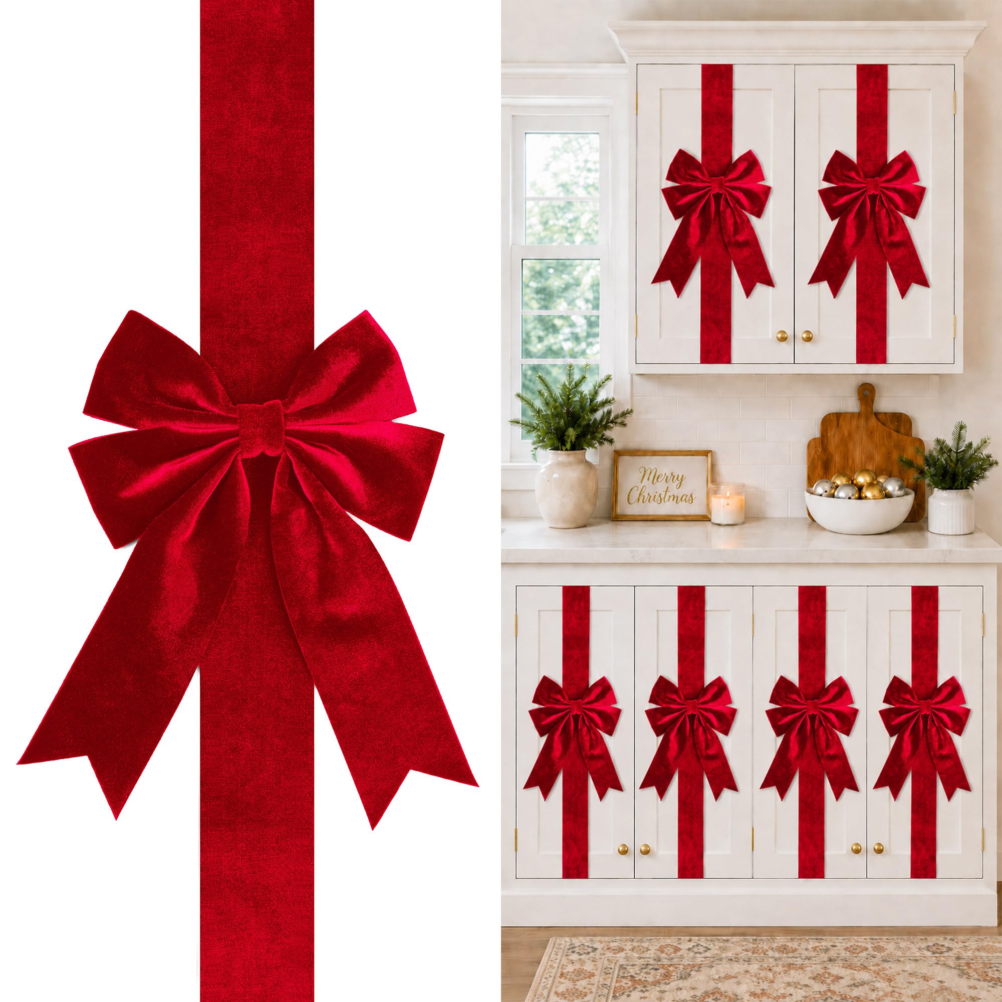Velvet Cabinet Bows for Kitchen, Christmas Cabinet Decor, Red, 8-Pack | No Ironi