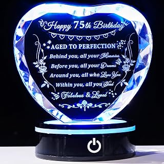 YWHL 75th Birthday Gifts for Women Men Born in 1951, Crystal Heart with Colorful Light Base Happy 75th Birthday Decorations, Gifts for 75 Year Old Women Men Mom Dad Grandma Wife Friends