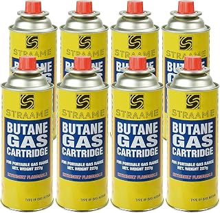 Straame Camping Gas Cartridges 227g, Portable Push-Fit Canisters, Pack of 8 | Universal tip adapter and safety lock for camping stoves, BBQs, heaters, blowtorches, weed burners and portable gas range use