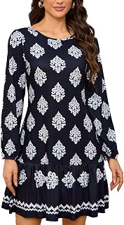 Women's Fashionable Long-Sleeved Loose-Fitting Mini Dress Crew Neck with Backless Bow Tie Flowing Ruffled Hem Dress
