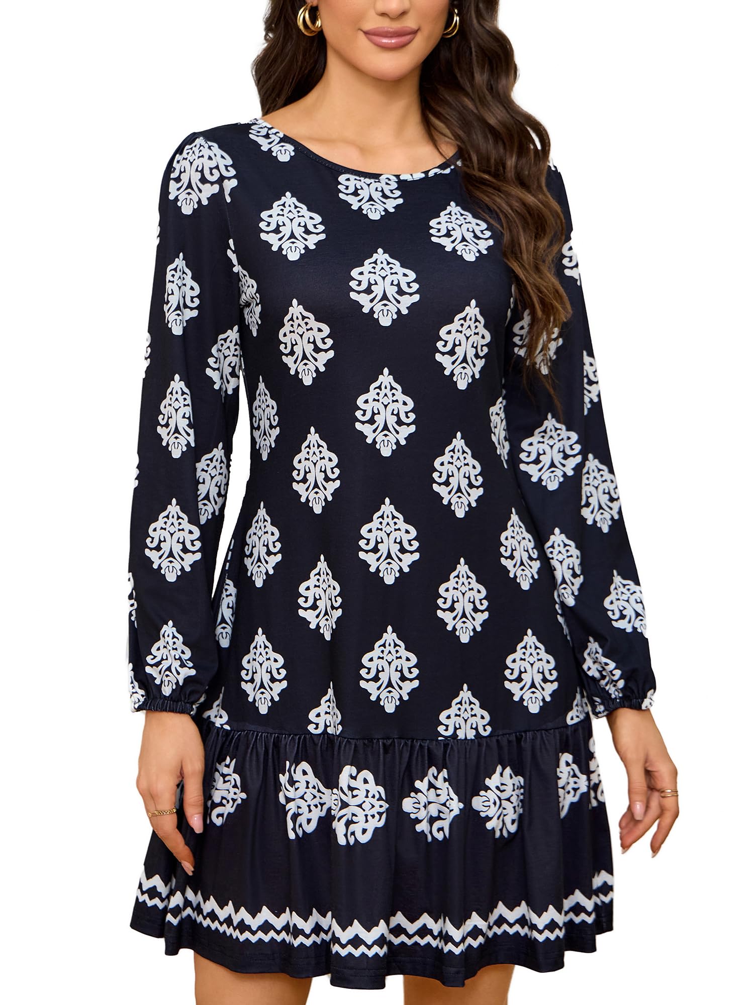 Women's Fashionable Long-Sleeved Loose-Fitting Mini Dress Crew Neck with Backles