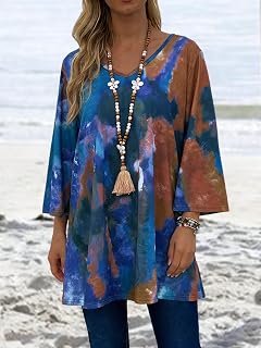 Women Tie Dye Print Tops Plus Size V Neck 3/4 Sleeve Casual Vacation Style Spring Summer Fashion Tshirt/Sweatshirt