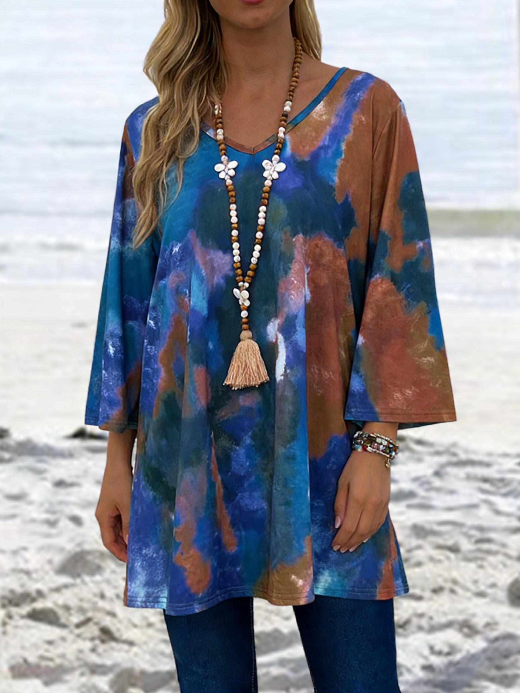 Women Tie Dye Print Tops Plus Size V Neck 3/4 Sleeve Casual Vacation Style Sprin