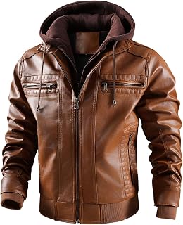 INVACHI Men's Faux Leather Jacket, Motorcycle Bomber with Removable Hood