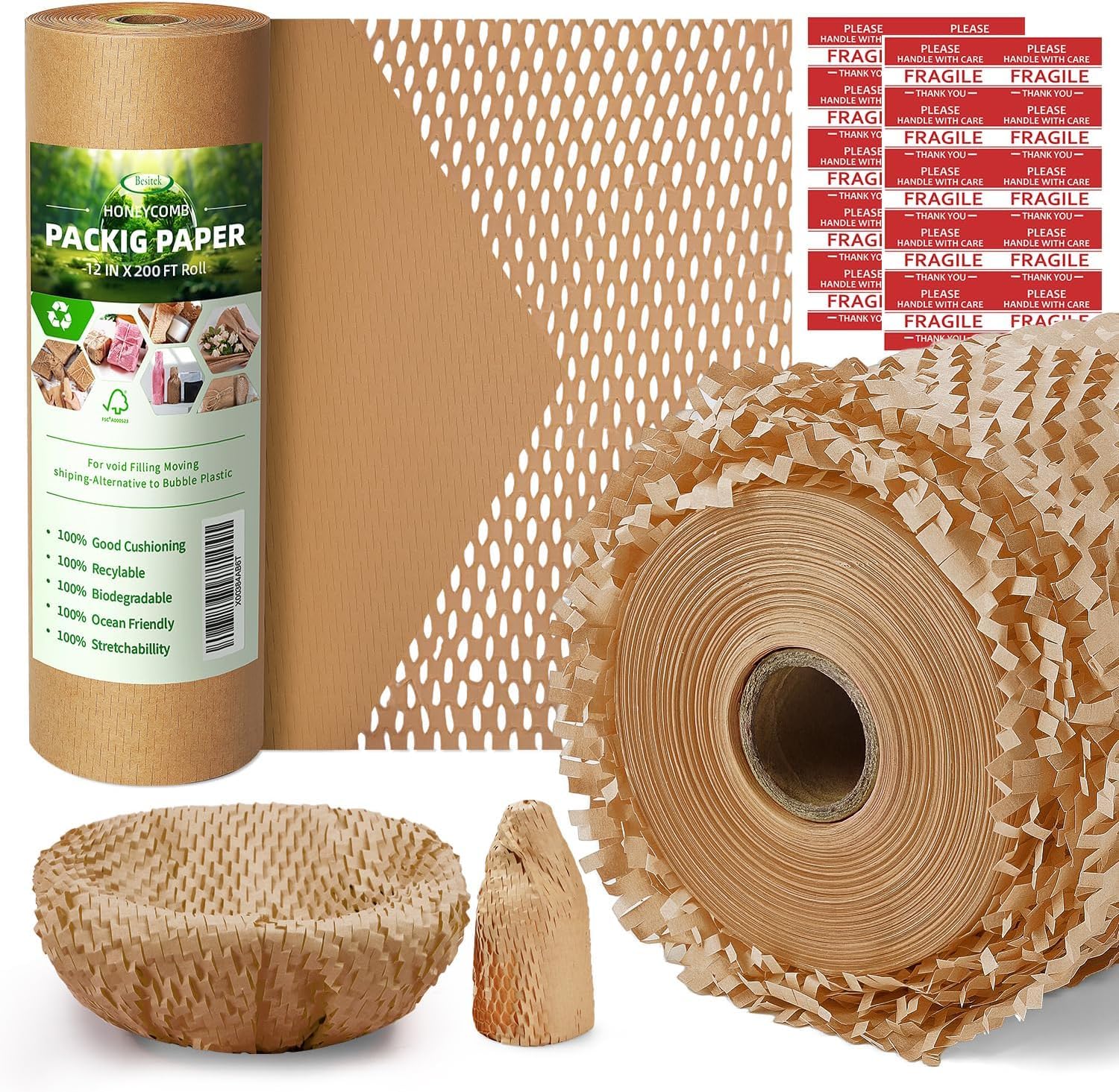 Besitek Honeycomb Packing Paper, 12" x 200 ft, Bubble Wrap Alternative | Ideal f